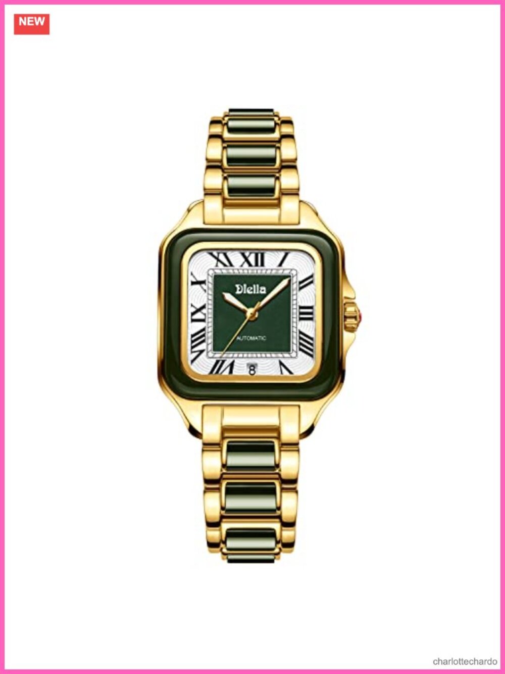 Diella Women's Jade Bezel Sapphire Glass Automatic Rectangular Watch